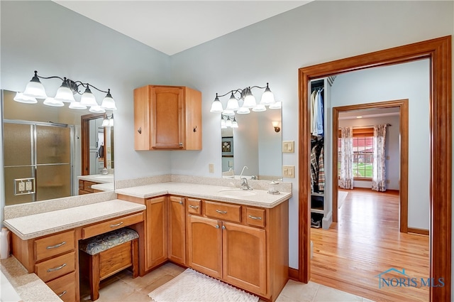 bathroom featuring vanity, wood-type flooring, and a shower with shower door