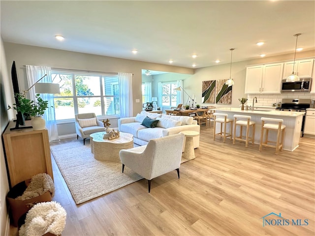 living room with light hardwood / wood-style floors and sink