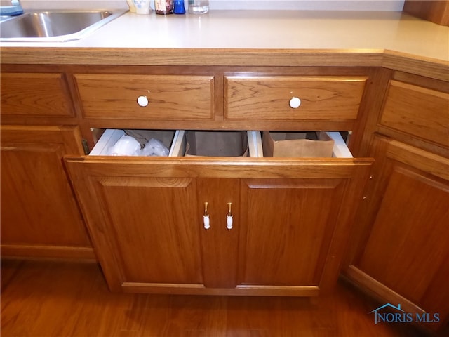 room details with sink and dark hardwood / wood-style flooring