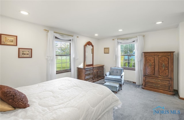 carpeted bedroom featuring multiple windows