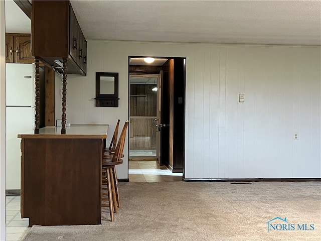 interior space featuring wood walls, light colored carpet, and a textured ceiling