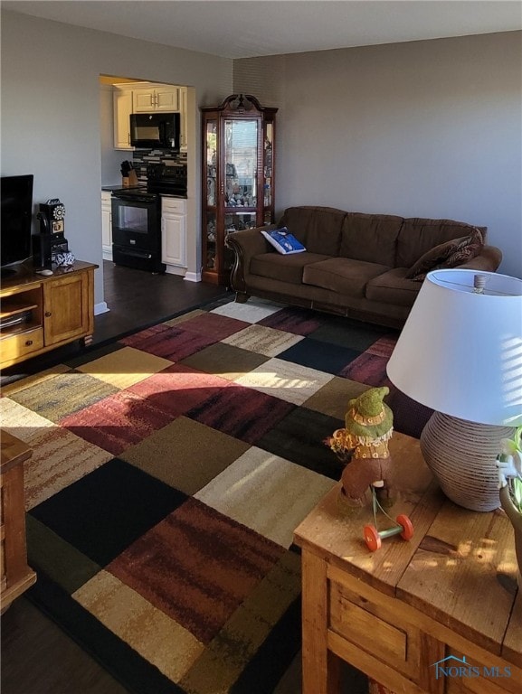 living room featuring dark wood-type flooring