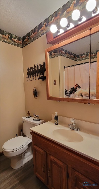 bathroom with vanity, toilet, and hardwood / wood-style floors