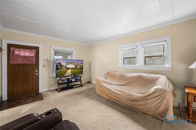 living room with carpet flooring and crown molding