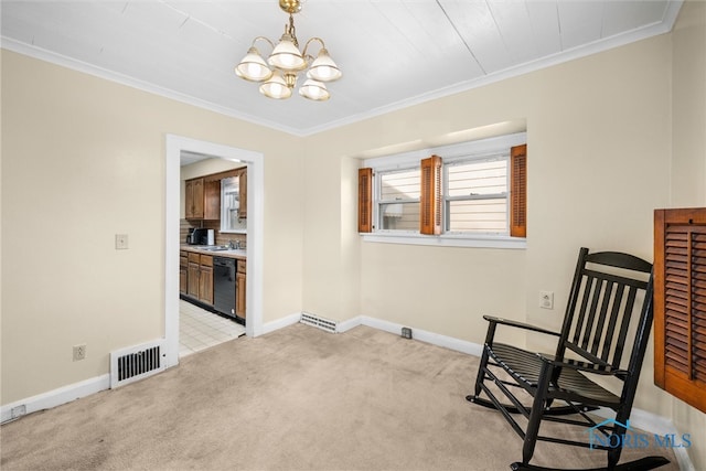 unfurnished room with light colored carpet, an inviting chandelier, ornamental molding, and sink