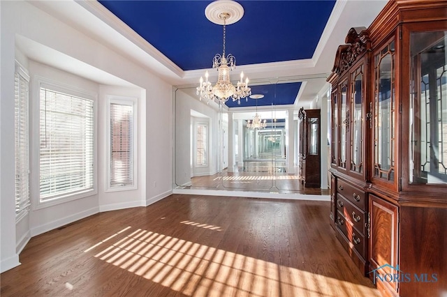 foyer entrance featuring baseboards, a tray ceiling, wood finished floors, and a notable chandelier