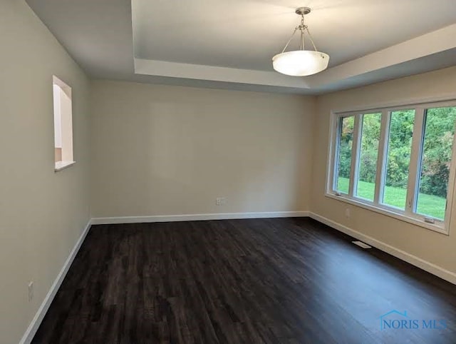 unfurnished room featuring a tray ceiling and dark hardwood / wood-style floors