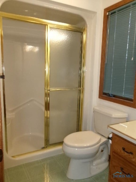 bathroom featuring vanity, toilet, and a shower with shower door