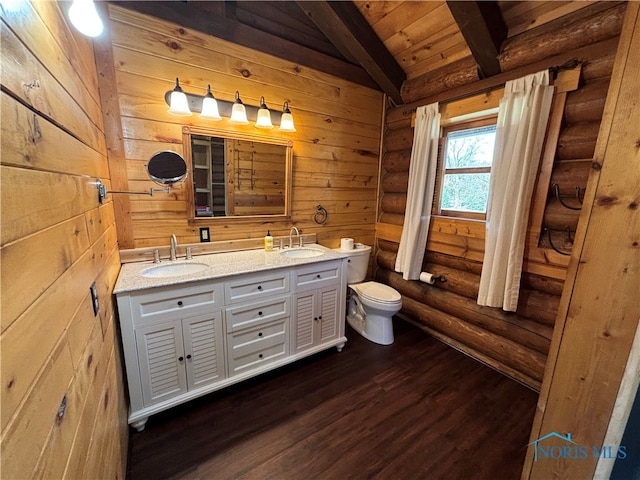 bathroom with vanity, wooden ceiling, hardwood / wood-style flooring, toilet, and beamed ceiling