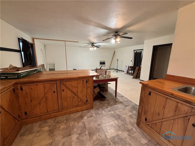 kitchen with ceiling fan, sink, a textured ceiling, and dark colored carpet