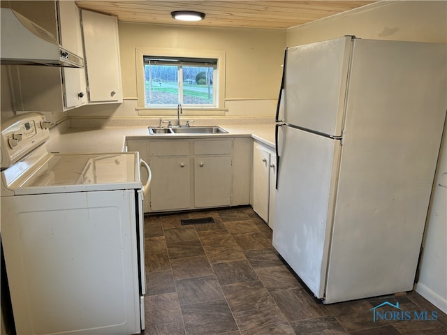 kitchen with white appliances, white cabinets, sink, wood ceiling, and extractor fan