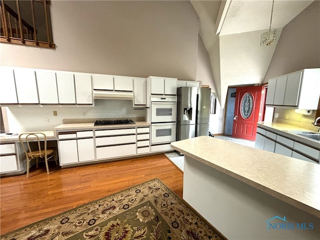 kitchen with appliances with stainless steel finishes, light hardwood / wood-style flooring, and white cabinetry