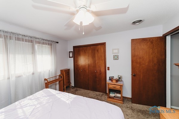 bedroom with carpet flooring, a closet, and ceiling fan