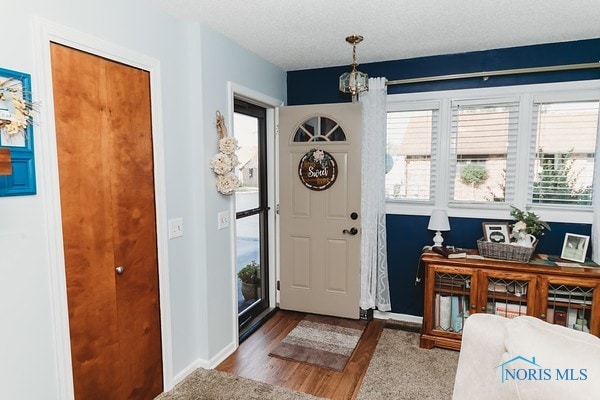 foyer entrance featuring hardwood / wood-style flooring and a chandelier