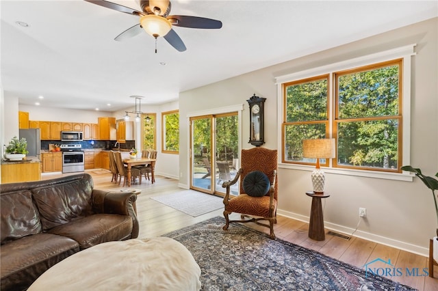 living room with light hardwood / wood-style floors, plenty of natural light, and ceiling fan