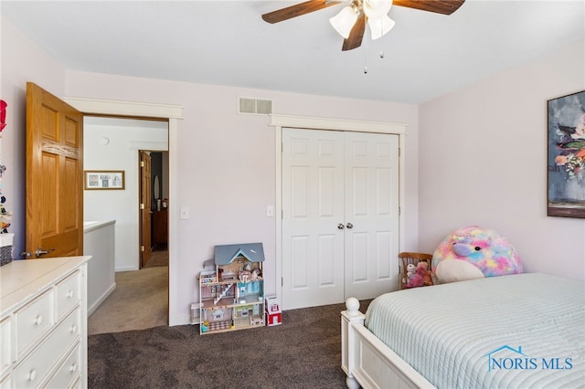 bedroom featuring a closet, ceiling fan, and carpet