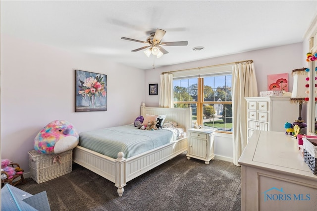 carpeted bedroom with ceiling fan