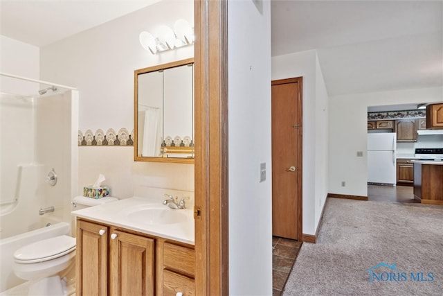 full bathroom with vanity, toilet, bathtub / shower combination, and tile patterned floors