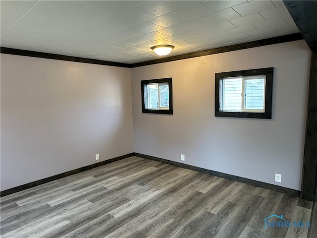 empty room featuring ornamental molding, light wood-type flooring, and a wealth of natural light