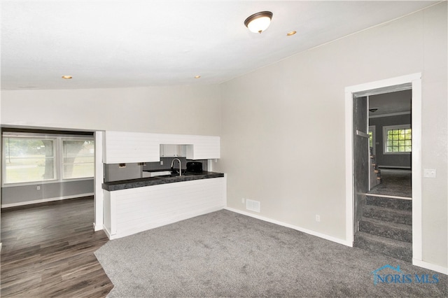 unfurnished living room featuring sink, vaulted ceiling, and dark wood-type flooring