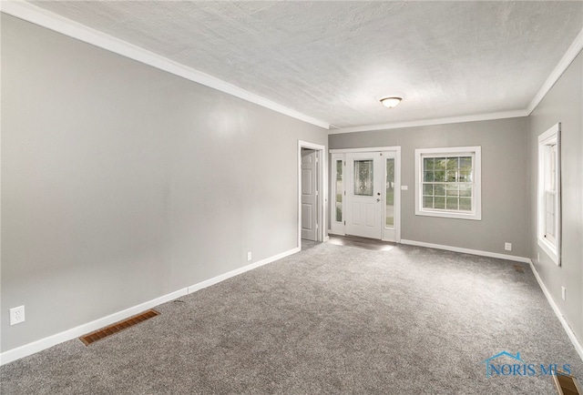 carpeted empty room featuring ornamental molding and a textured ceiling