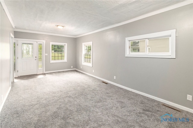 spare room with crown molding, carpet floors, and plenty of natural light