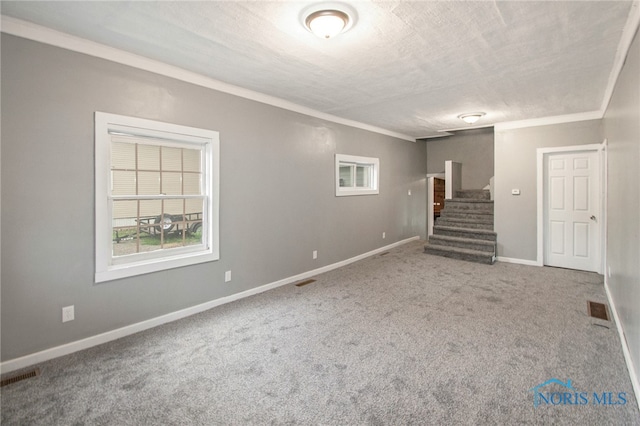 basement with ornamental molding, a textured ceiling, and carpet flooring