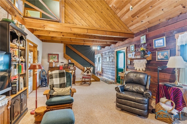 living area featuring light carpet, wood ceiling, wooden walls, and high vaulted ceiling