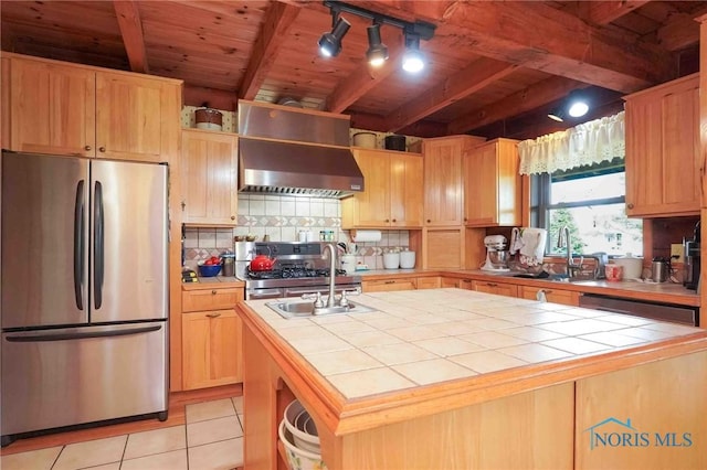 kitchen featuring tile counters, a sink, wall chimney exhaust hood, and appliances with stainless steel finishes