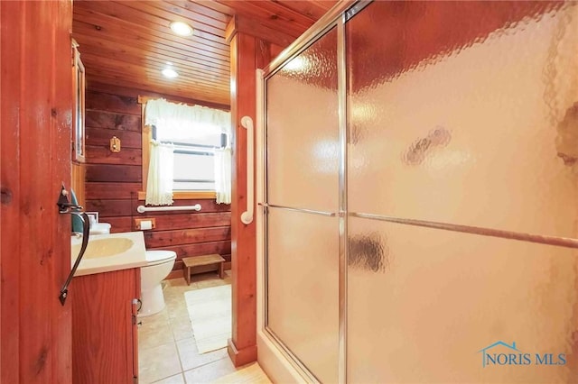 bathroom with wooden walls, wooden ceiling, and a stall shower