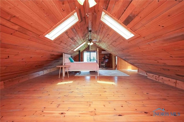 bonus room featuring wood-type flooring, wood walls, wood ceiling, and lofted ceiling with skylight