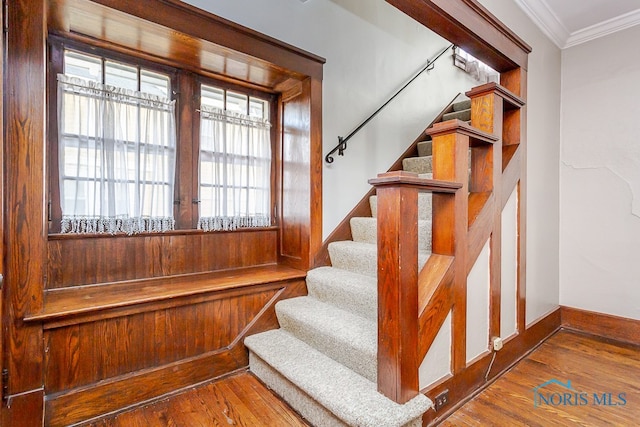 staircase featuring crown molding and hardwood / wood-style flooring