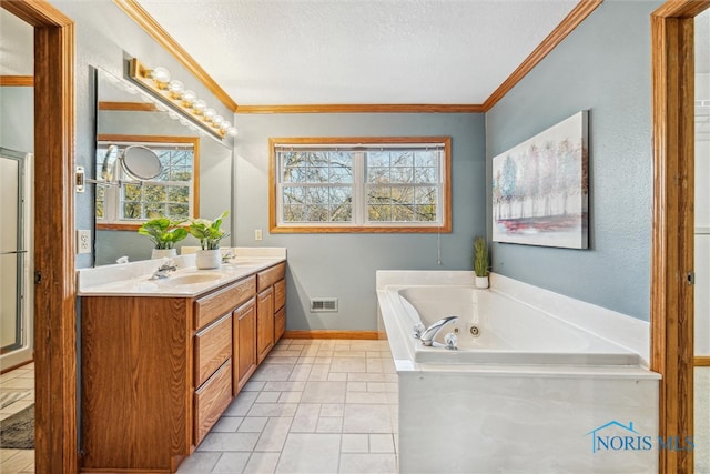 bathroom featuring a wealth of natural light, vanity, a textured ceiling, and ornamental molding