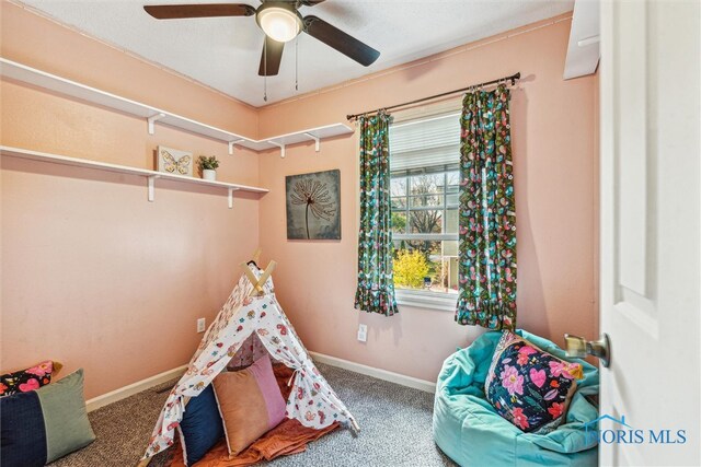 rec room with ceiling fan and carpet flooring