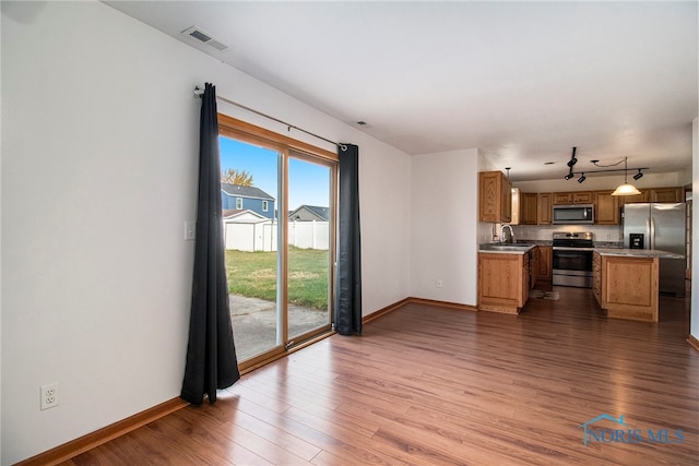 kitchen featuring light hardwood / wood-style floors, appliances with stainless steel finishes, sink, and pendant lighting