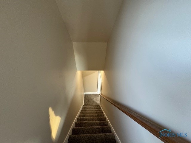 stairs with lofted ceiling and carpet flooring