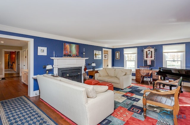 living room featuring wood-type flooring and ornamental molding