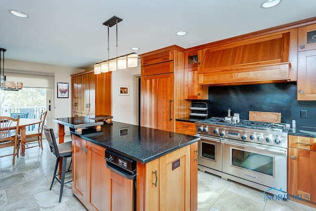 kitchen with backsplash, a center island, pendant lighting, and double oven range