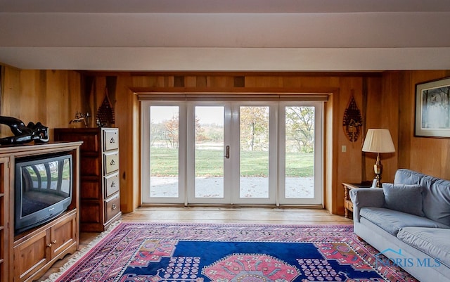 living room featuring wood walls and light wood-type flooring