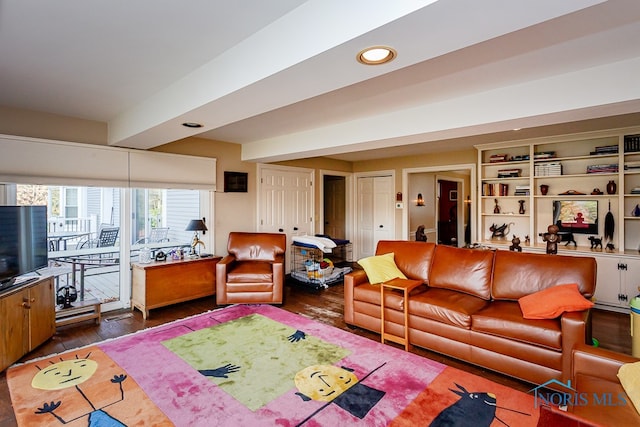 living room featuring dark wood-type flooring