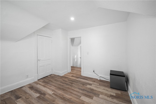 additional living space with a textured ceiling and hardwood / wood-style flooring