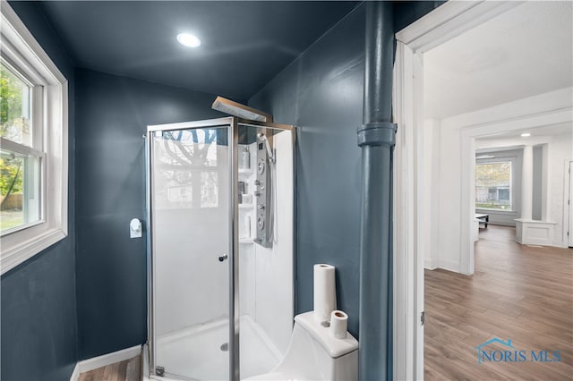 bathroom featuring hardwood / wood-style floors, a shower with shower door, and a wealth of natural light