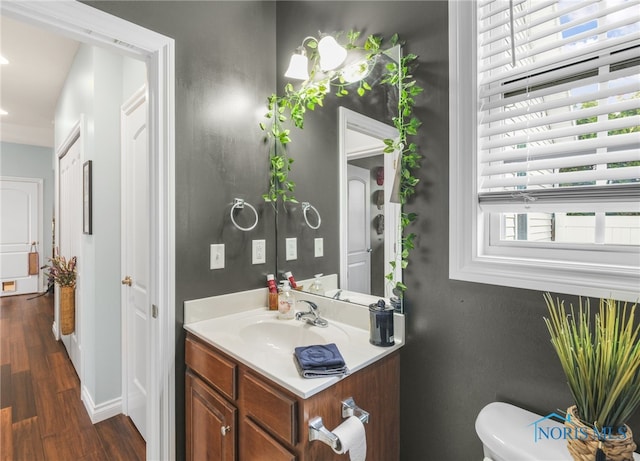 bathroom featuring vanity, hardwood / wood-style floors, and toilet