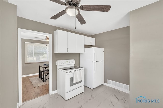 kitchen with white appliances, ceiling fan, light hardwood / wood-style flooring, and white cabinets