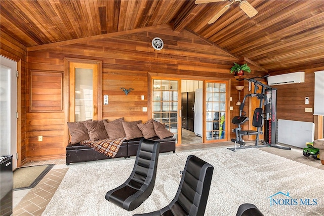 living room with a wall mounted air conditioner, vaulted ceiling with beams, and wood walls