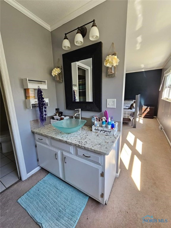 bathroom featuring vanity, a textured ceiling, and ornamental molding