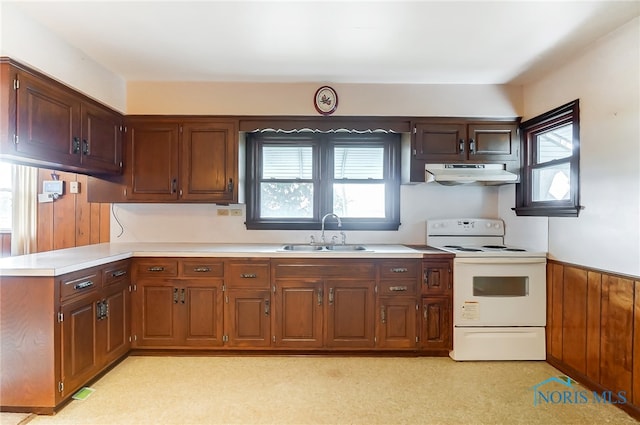 kitchen featuring white electric range oven, a wealth of natural light, wood walls, and sink