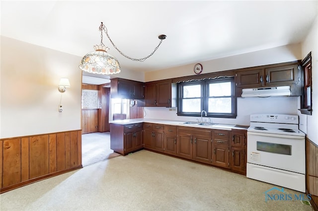 kitchen with electric stove, wood walls, light carpet, sink, and pendant lighting