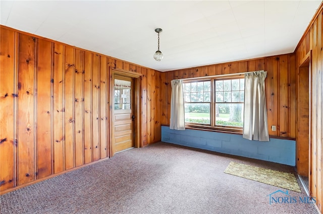 empty room with wooden walls and light colored carpet