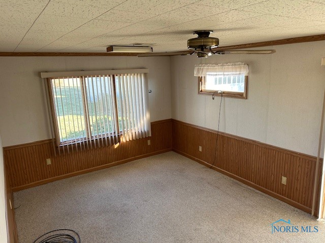 spare room featuring wood walls, crown molding, light colored carpet, and ceiling fan